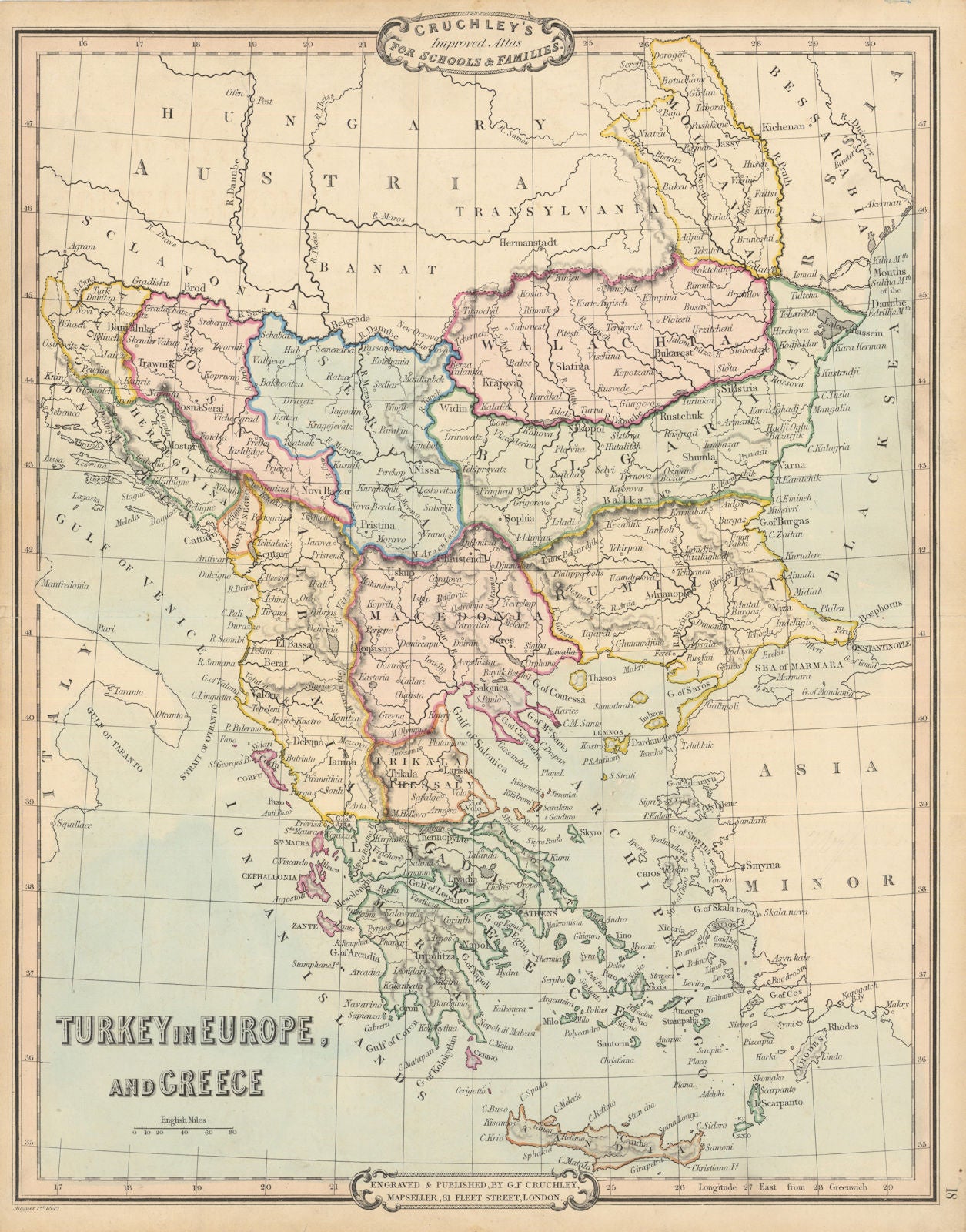 Turkey in Europe and Greece. Balkans. Antique map by George Cruchley 1843
